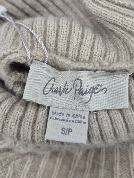 Charlie Paige turtleneck sweater women's small cream beige colorblock fringe - Picture 7 of 12